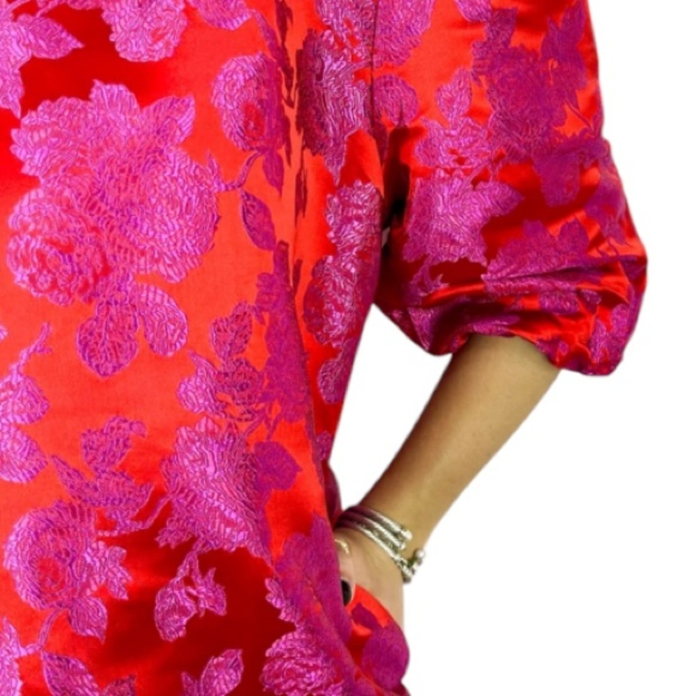 CARYN LAWN Asher Floral Jacquard Puff Sleeve Mini Dress Metallic Red Pink OS - Picture 9 of 15